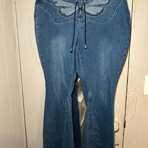 Laced Up Butterfly Embroidered Jeans